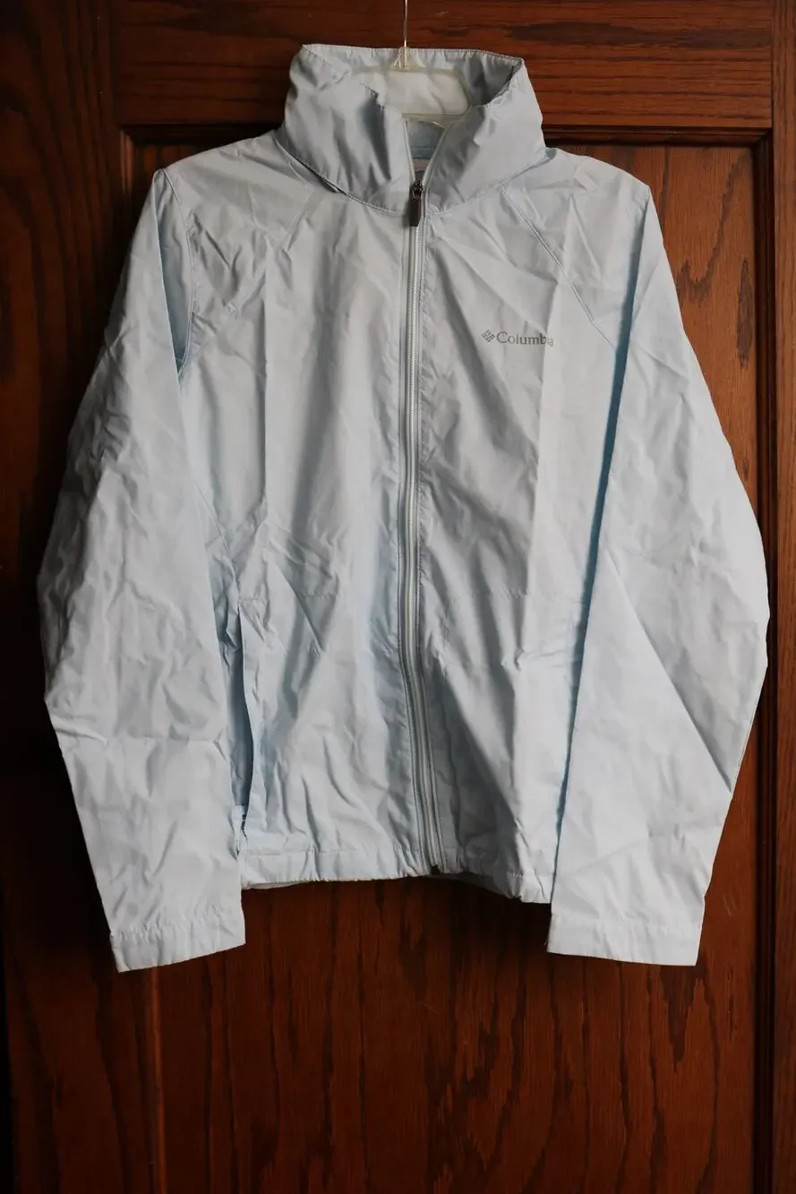 Columbia Rain Jacket Women Medium Blue Windbreaker Hooded Stowaway Performance